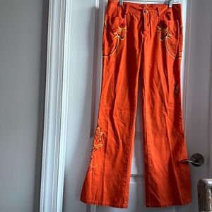 Johnny Was size 6 orange wide leg embroidered jeans